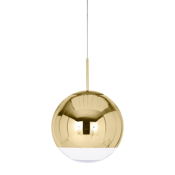 Gold spherical pendant light with a reflective finish and a white bottom detail, adding elegance to any space.