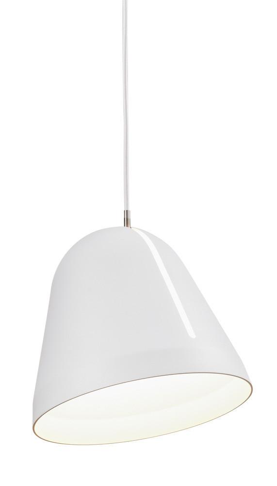 Modern white pendant lamp with a smooth, glossy finish and subtle gold trim along the bottom edge.