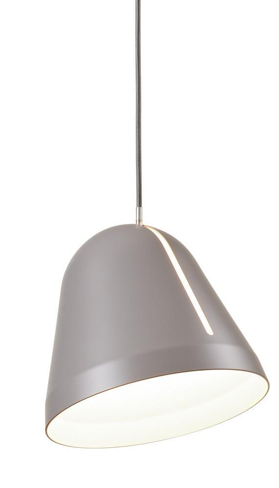 Gray pendant lamp with a sleek, modern design and a smooth, matte finish, featuring a white interior for soft lighting.