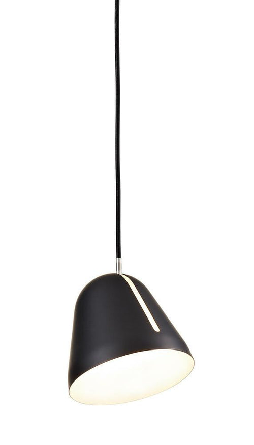 Black pendant lamp with a sleek, modern design and a smooth, white interior for enhanced illumination.