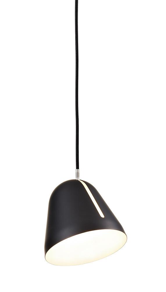 Black pendant lamp with a sleek, modern design and a smooth, white interior for enhanced illumination.