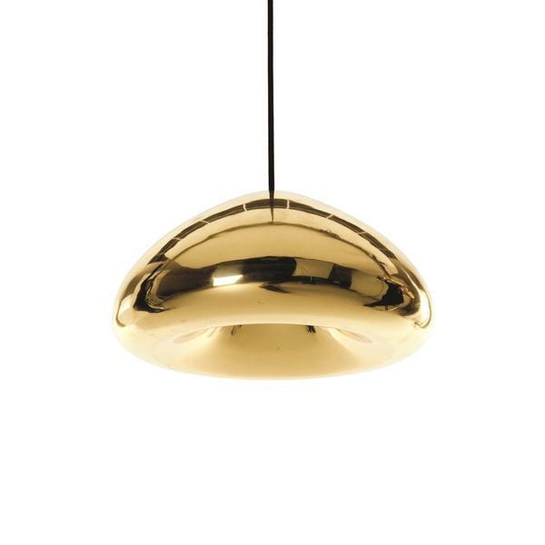 Gold metallic hanging light fixture with a sleek, rounded design and smooth surface. Modern decor accent.