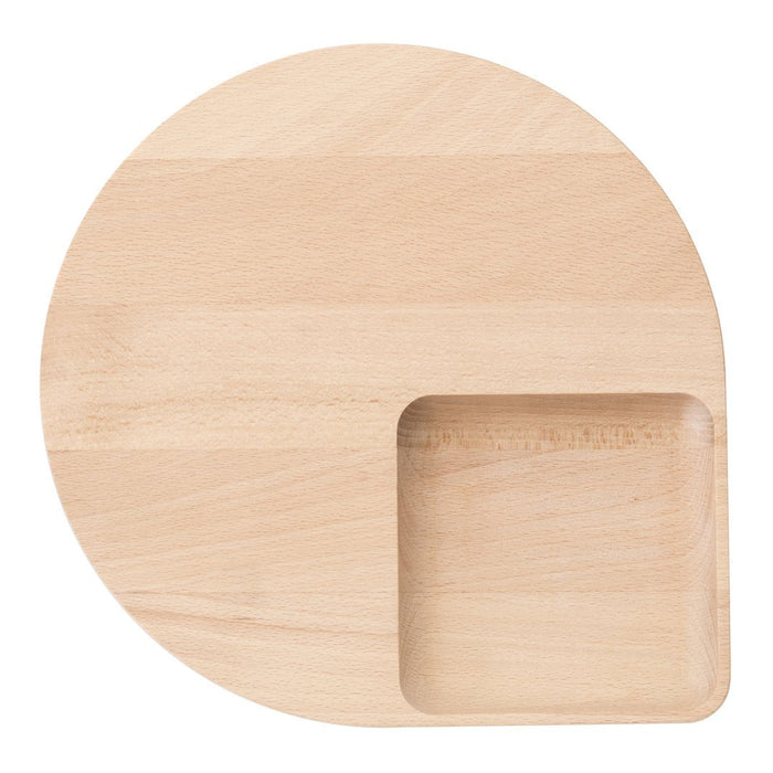 Natural wood serving platter with a light, smooth finish and a square indentation, showcasing warm, earthy tones.