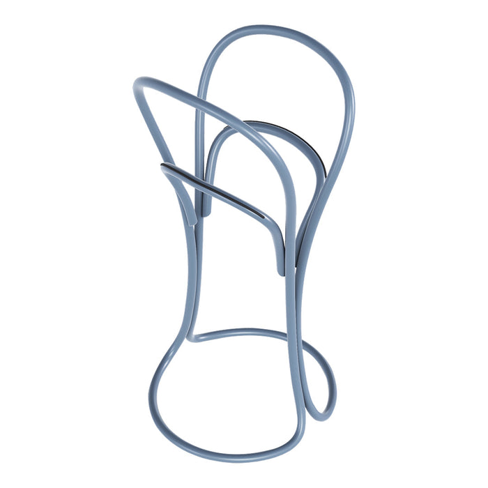 Light blue metal chair with sleek, modern curves and a minimalist design. Perfect for contemporary decor.