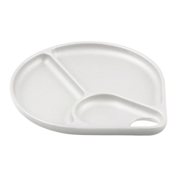 White ceramic divided plate with a smooth, glossy surface and a stylish, minimalist design. Ideal for serving food.