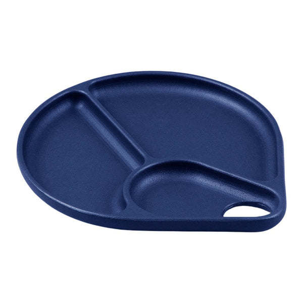 Navy blue divided plate with smooth, curved edges and three compartments for organized serving.