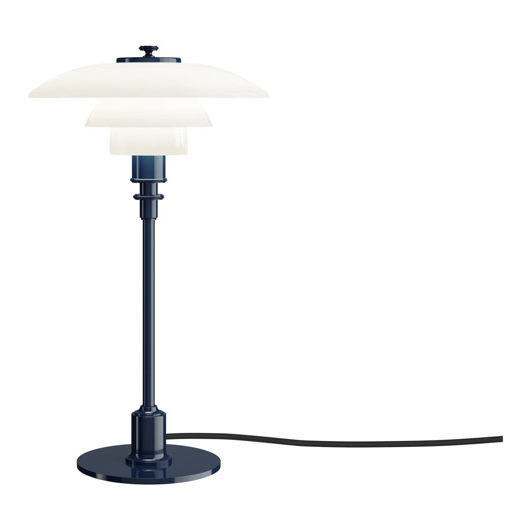 Navy blue lamp with layered white shades and a sleek black cord. Elegant design for modern decor.