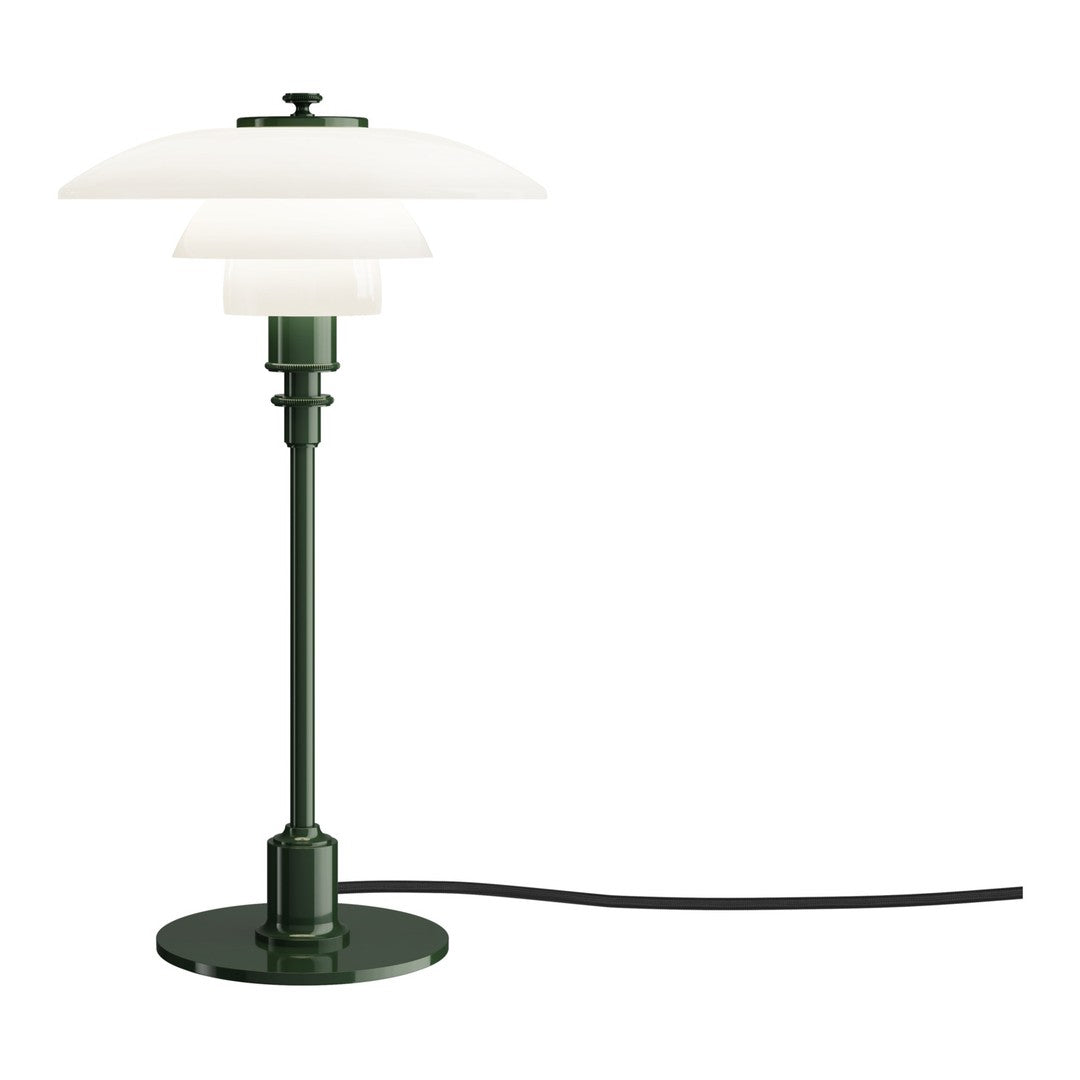 Elegant green metal table lamp with stacked white glass shades and sleek black cord, perfect for modern decor.
