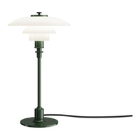 Elegant green metal table lamp with stacked white glass shades and sleek black cord, perfect for modern decor.