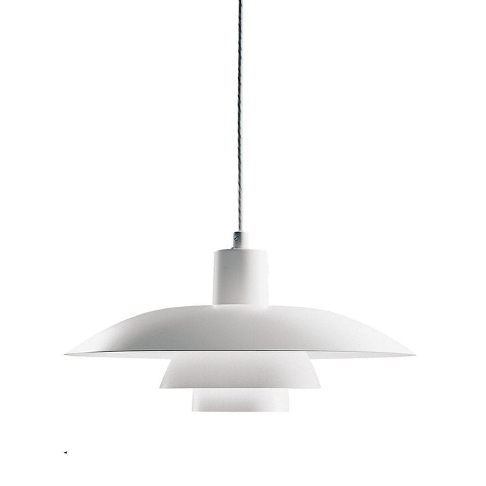 White pendant lamp with layered circular design, featuring a sleek, modern finish and minimalistic aesthetic.