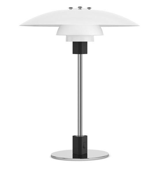 White and black modern table lamp with a sleek, layered shade and polished chrome base, perfect for contemporary decor.