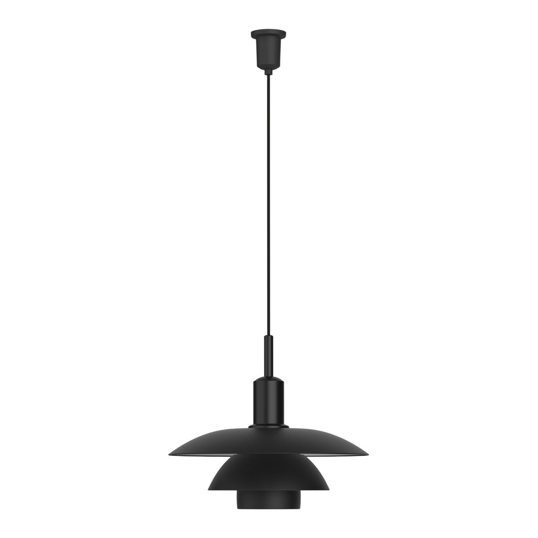 Black pendant lamp with layered shades and a sleek matte finish, ideal for modern decor.