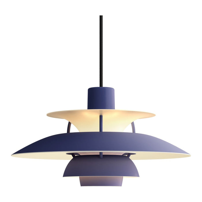Modern pendant lamp in deep blue with layered shades and a sleek black cord, featuring warm white light accents.
