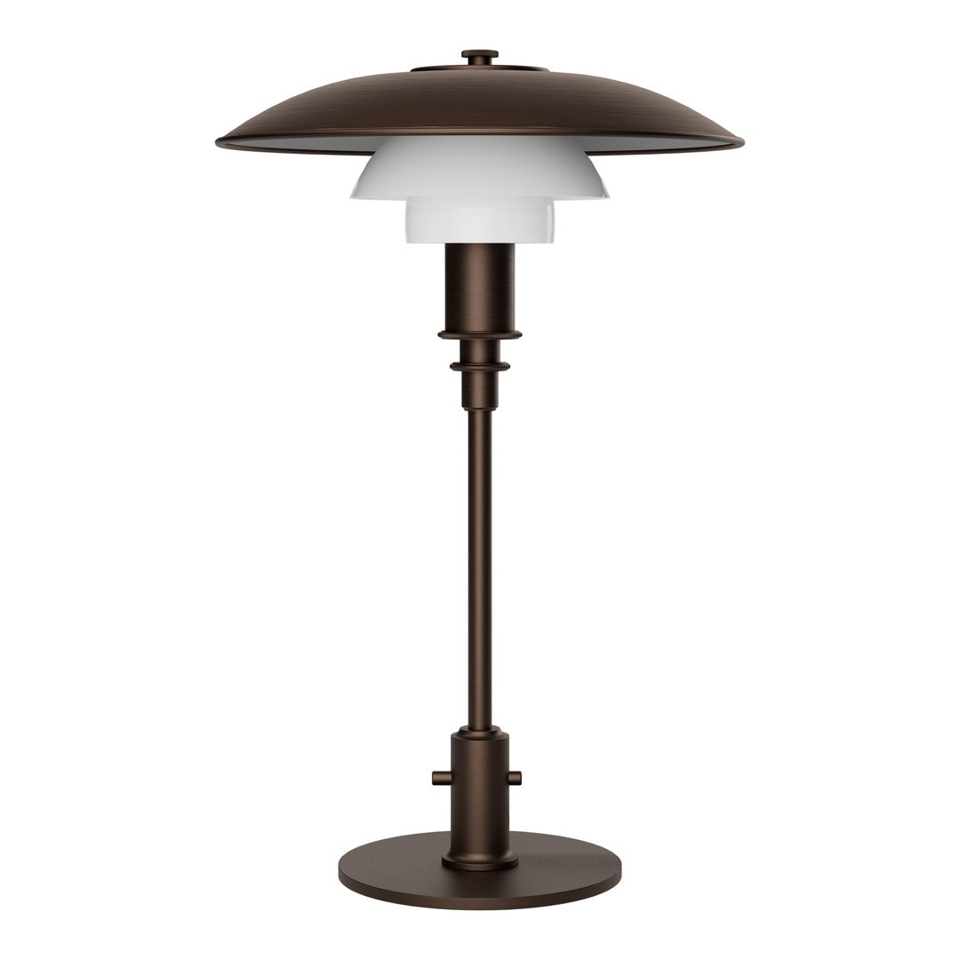 Brown metal table lamp with layered white glass shade and sleek, modern design. Ideal for any contemporary space.