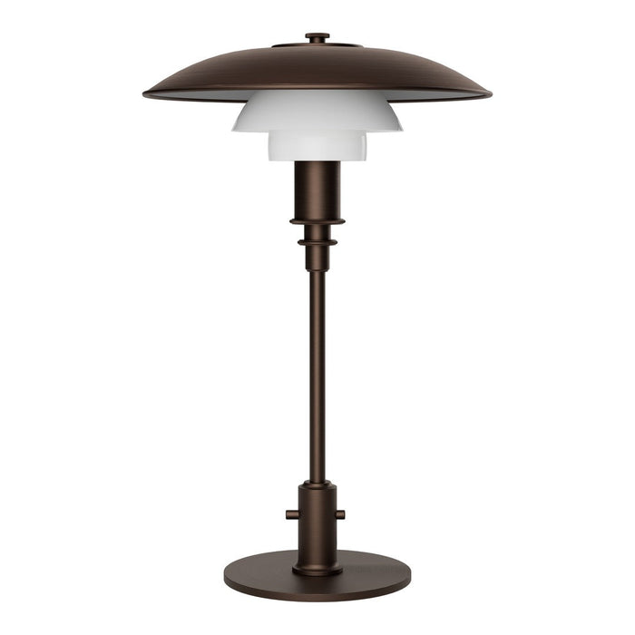 Brown metal table lamp with layered white glass shade and sleek, modern design. Ideal for any contemporary space.