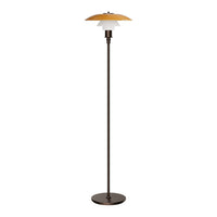 Stylish floor lamp featuring a warm orange and white shade with a sleek black base, perfect for modern decor.