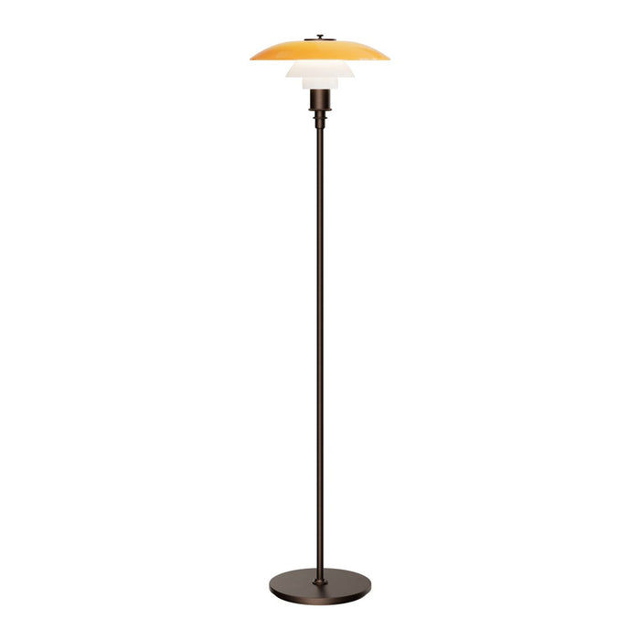 Stylish floor lamp with a bronze base and a vibrant orange and white shade, adding a modern touch to any decor.