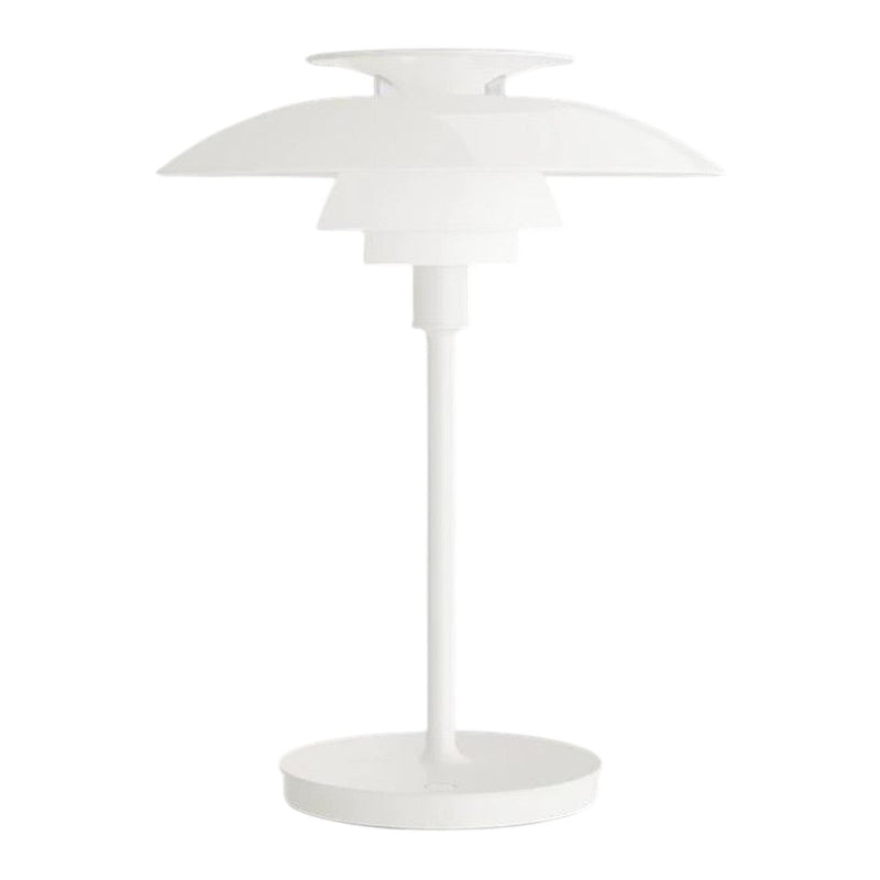 White modern lamp with layered shades and a sleek, minimalist design, perfect for any contemporary space.