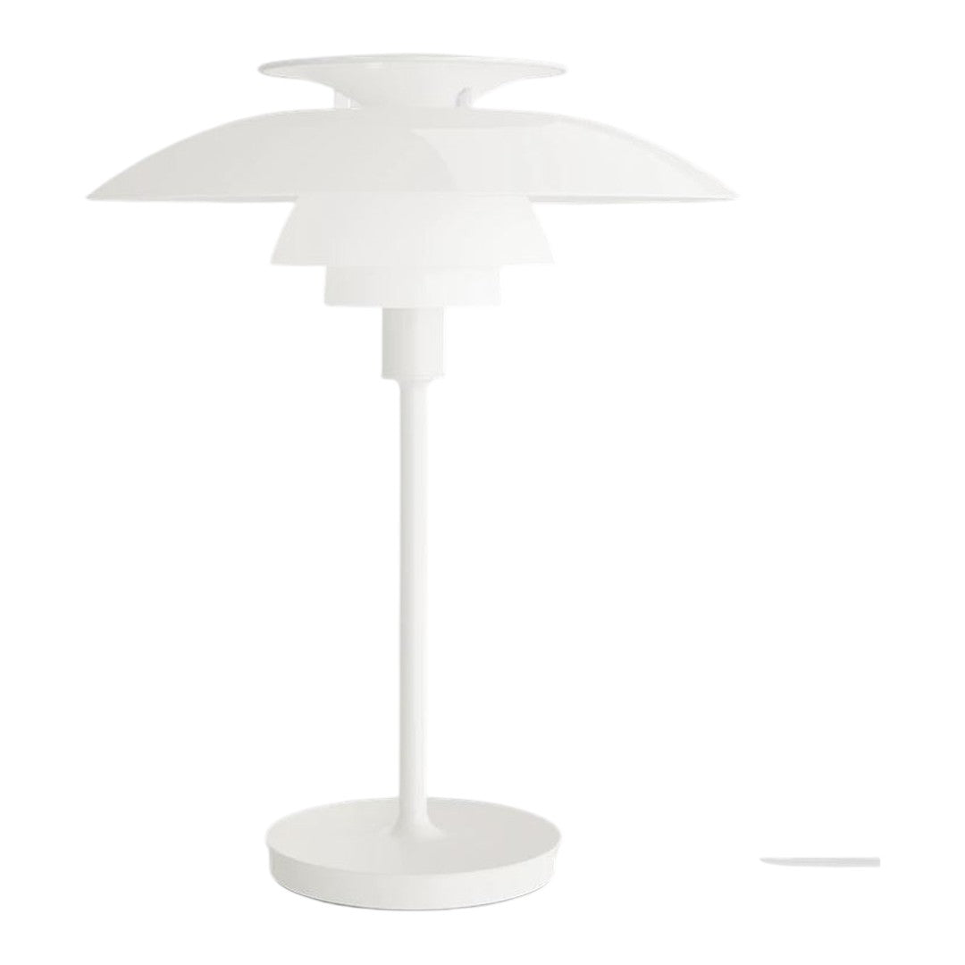 White modern table lamp featuring layered shades and a sleek design, perfect for minimalist decor.