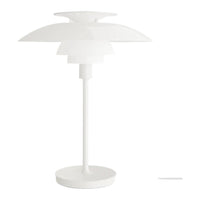 White modern table lamp featuring layered shades and a sleek design, perfect for minimalist decor.