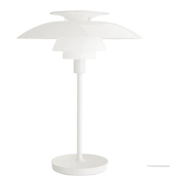 White modern table lamp featuring layered shades and a sleek design, perfect for minimalist decor.