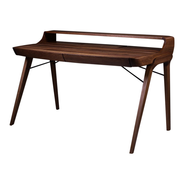 Modern wooden desk with a rich walnut finish and sleek, simple lines. Perfect for minimalist decor.