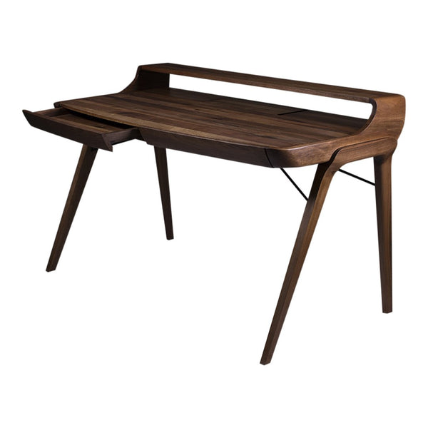 Elegant walnut desk with a smooth finish and minimalist design, featuring natural wood grain patterns and tapered legs.