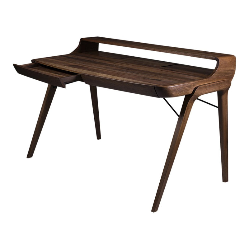 Elegant walnut desk with a smooth finish and minimalist design, featuring natural wood grain patterns and tapered legs.