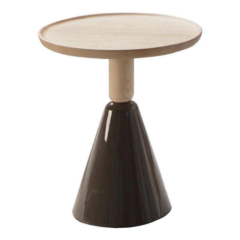 Modern round side table featuring a light wood top and a dark cone-shaped base, blending earthy tones and smooth finishes.