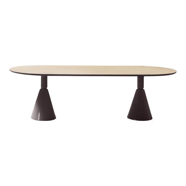 Modern oval dining table with a light wood top and contrasting black cone-shaped bases. Elegant and minimalist design.
