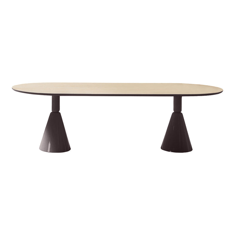 Modern oval dining table with a light wood top and contrasting black cone-shaped bases. Elegant and minimalist design.