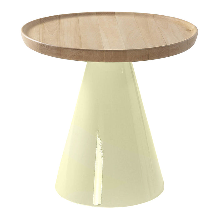 Round wooden top table with a pale yellow cone-shaped base. Modern design with a sleek, minimal aesthetic.