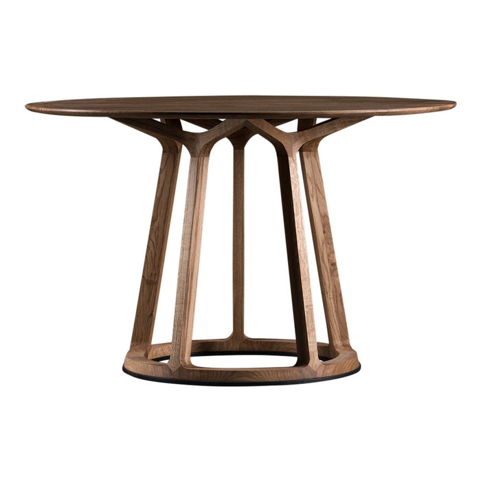 Round wooden table with natural brown finish and unique geometric pattern in the base, perfect for any modern decor.
