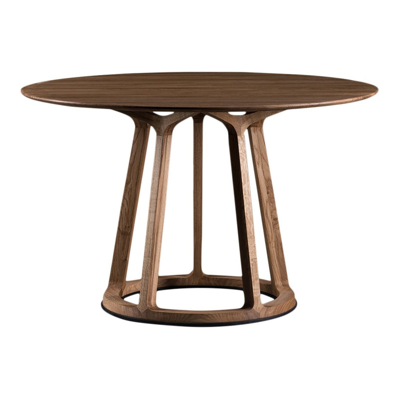 Round wooden dining table with a rich brown finish and sleek, modern leg design. Ideal for contemporary interiors.