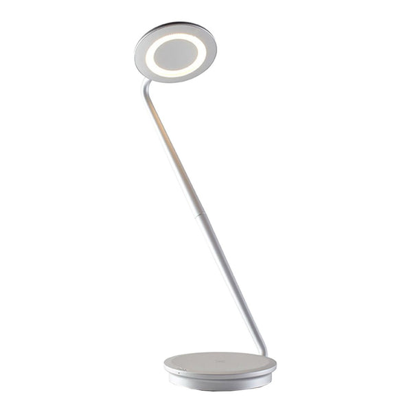 Sleek silver LED desk lamp with a modern circular shade and minimalistic design. Perfect for contemporary decor.