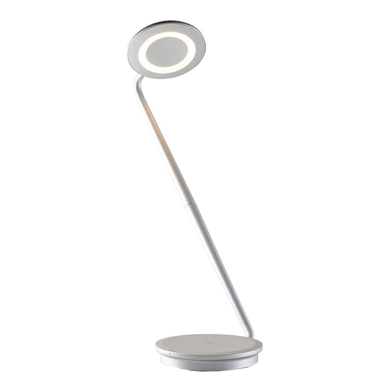 Sleek silver LED desk lamp with a modern circular shade and minimalistic design. Perfect for contemporary decor.