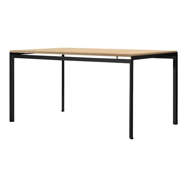 Natural wood tabletop with a light finish, featuring a sleek black metal frame for a modern contrast and minimalistic design.