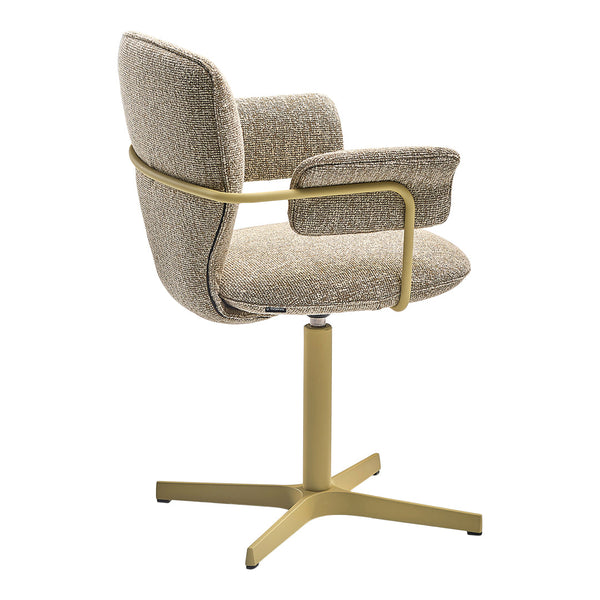 Beige textured fabric and pale gold metal base swivel chair with a modern design. Perfect for stylish office spaces.
