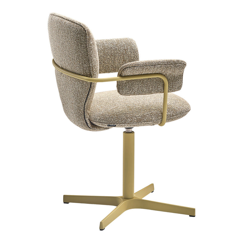Beige textured fabric and pale gold metal base swivel chair with a modern design. Perfect for stylish office spaces.