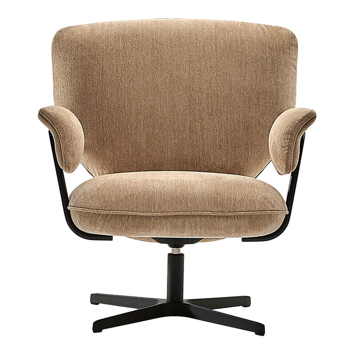 "Soft beige chair with subtle texture, featuring black metal base and arms, perfect for modern interiors."