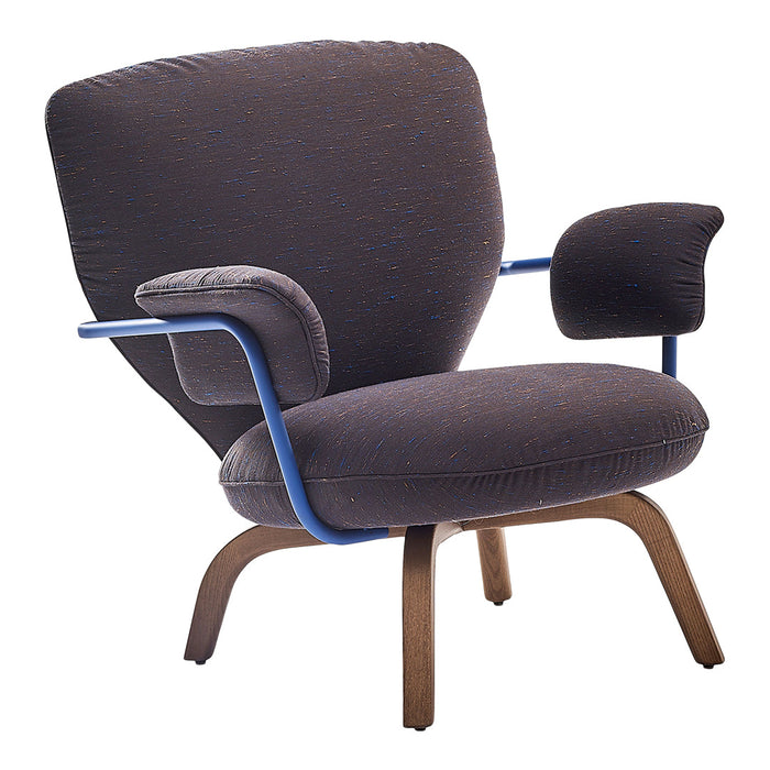 Blue and brown upholstered chair with textured fabric and wooden legs, featuring a modern design and unique color pattern.