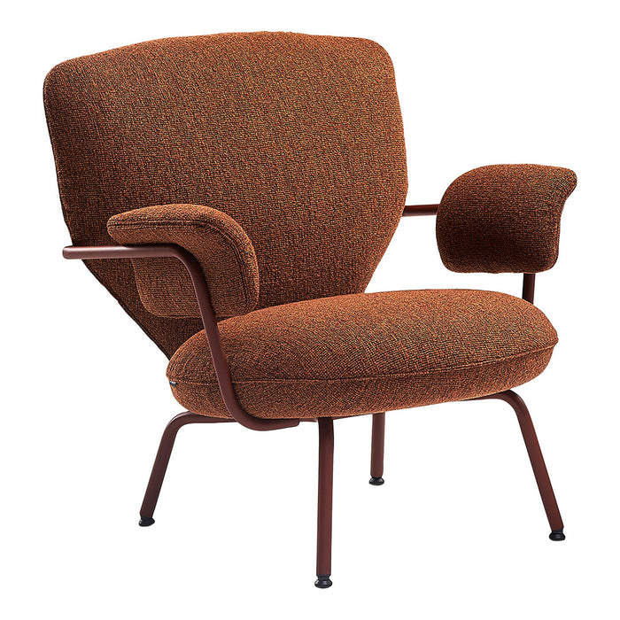 Cozy orange-brown textured armchair with a modern design and dark brown metal legs, perfect for contemporary decor.