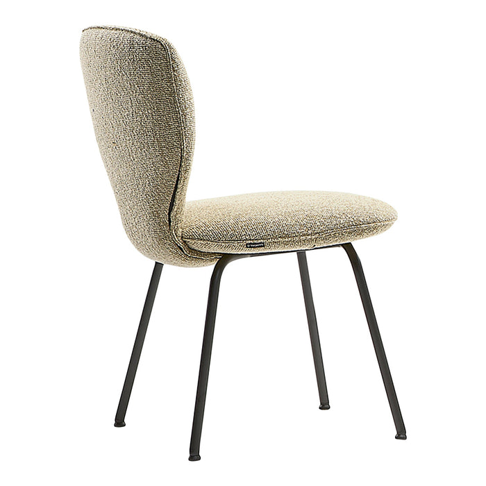 Beige textured upholstery with subtle pattern paired with sleek black metal legs. Ideal for modern decor.