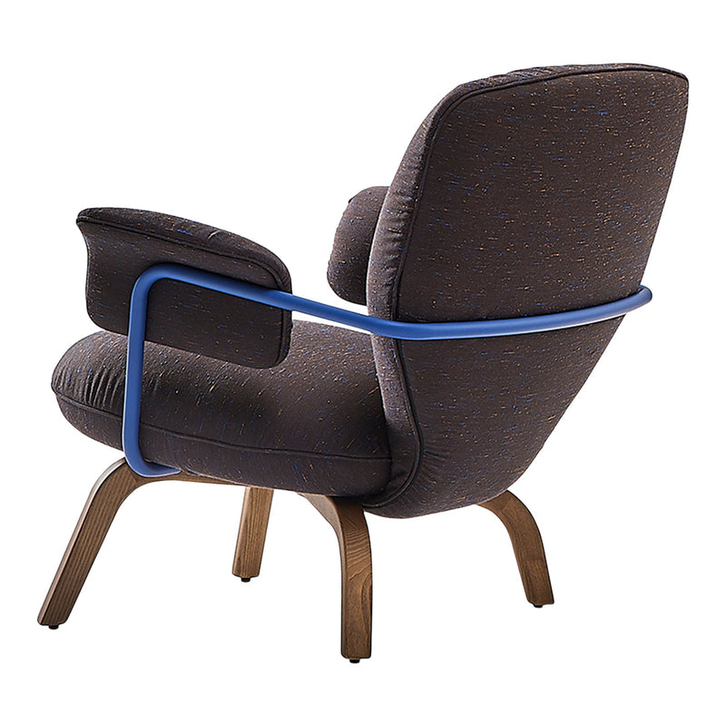 Stylish brown chair with blue accent, featuring a textured pattern and wooden legs for a modern look.