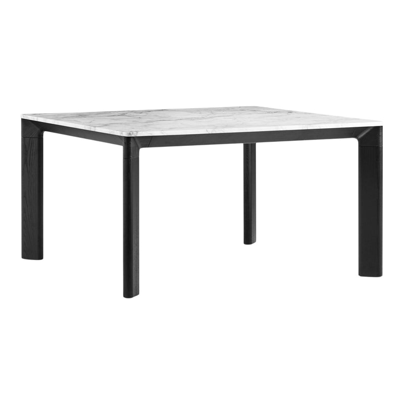 Modern square table featuring a sleek black frame and a striking white marble top with subtle grey veining.