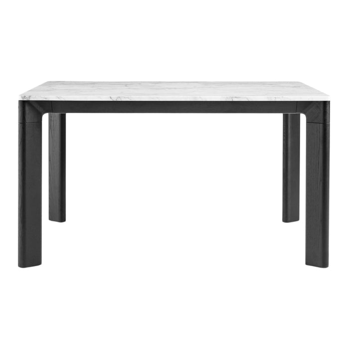 Marble top dining table with sleek black legs, blending modern elegance with a chic monochrome color palette.
