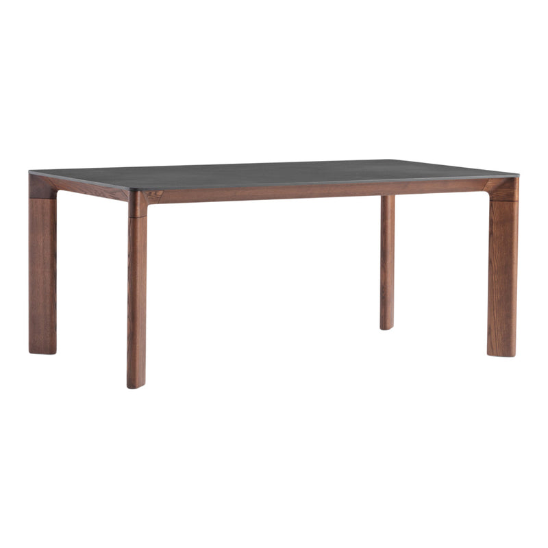 Wooden dining table with a rich brown finish and sleek, minimalist design, featuring a smooth black tabletop.