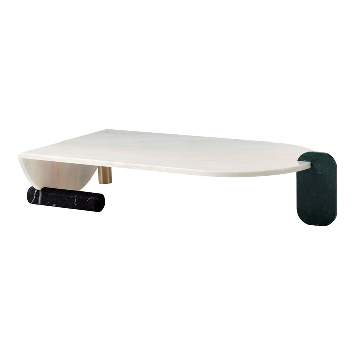 Minimalist shelf featuring a smooth white surface with contrasting black and green accents. Elegant contemporary design.