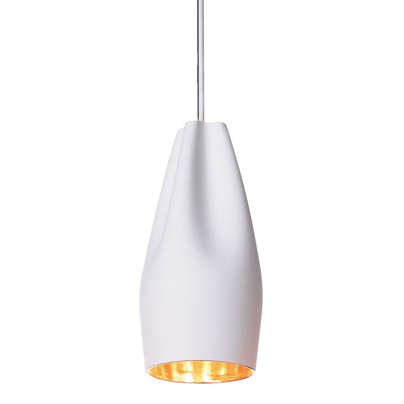 White modern pendant lamp with a sleek, curved design and warm amber light. Perfect for contemporary decor.