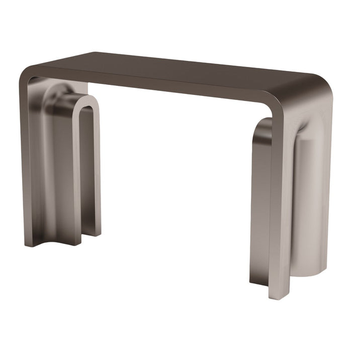 Sleek modern console table in muted taupe, featuring smooth, curved lines and a minimalist design.